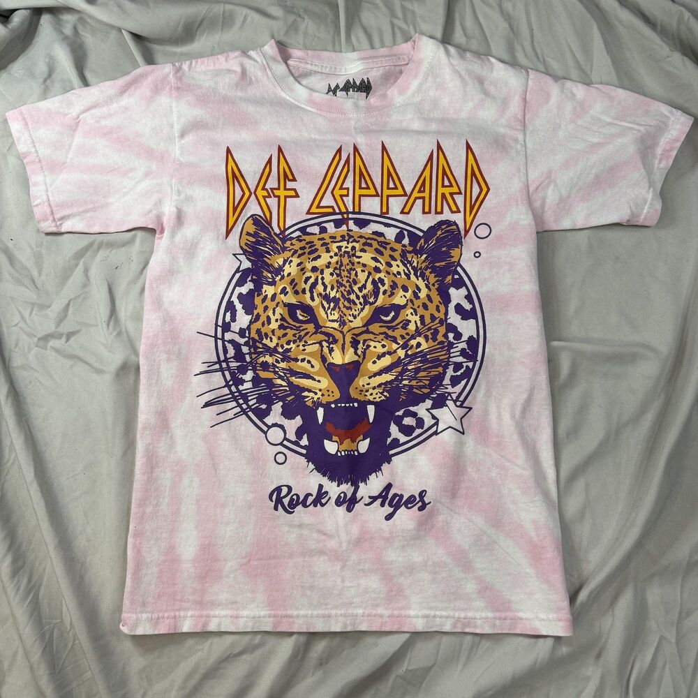 Def Leppard Shirt Unisex S Pink Leopard Rock Of Ages Graphic Crew Neck‎